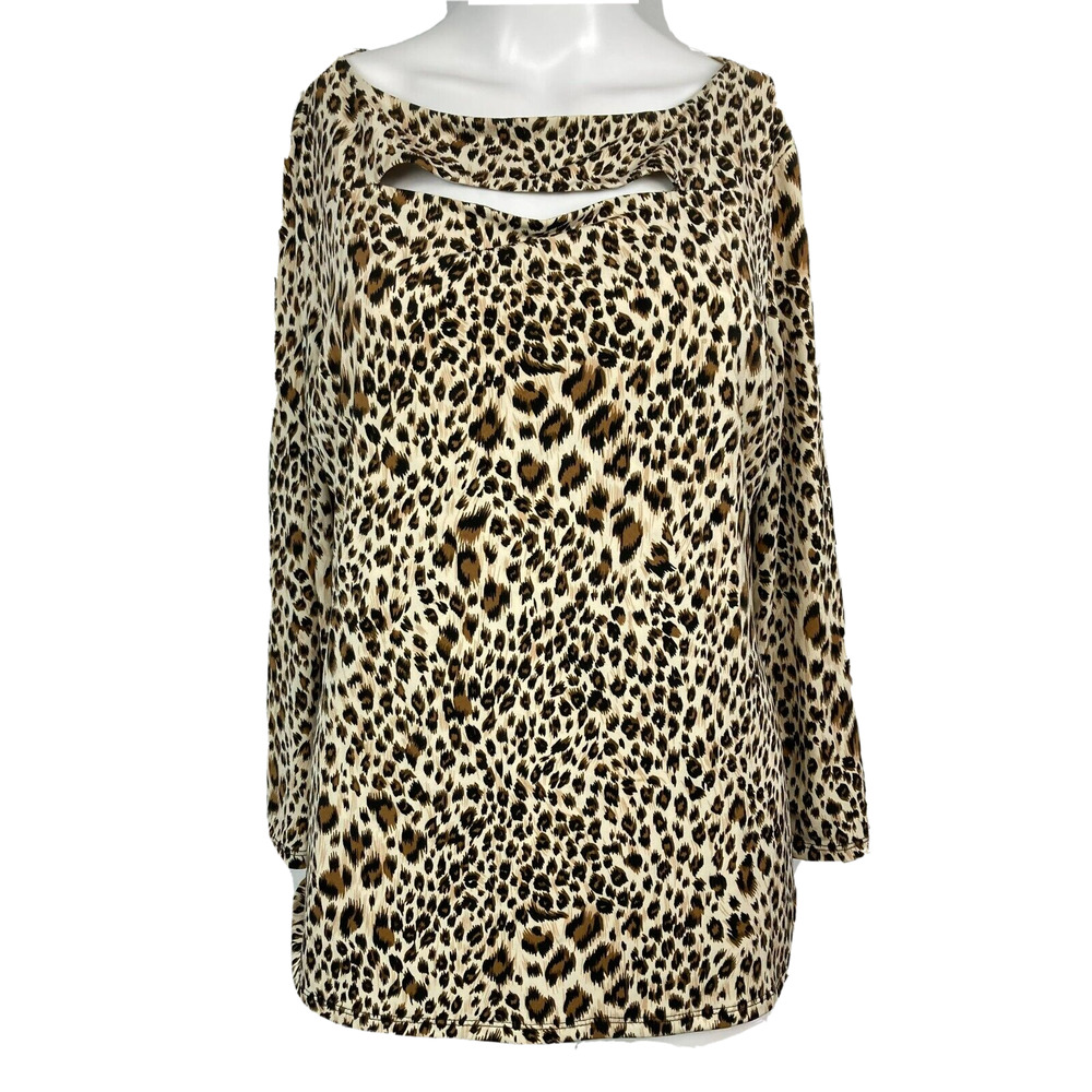 Carmen Marc Valvo Shirt Womens Sz L Beige Black Leopard Cutout Pullover‎ Tunic